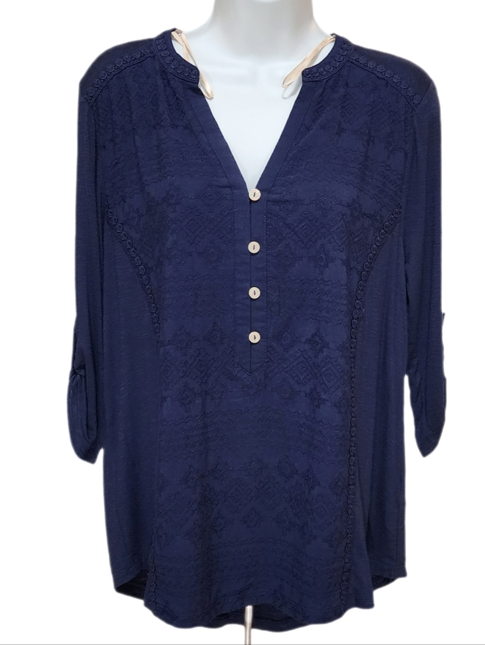 Democracy Embroidered Lace Blouse Top Split Neck Roll Tab 3/4 Sleeve Navy Blue